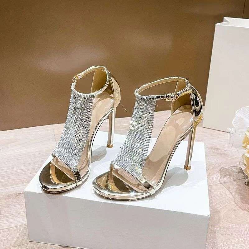 Sexy T-Strap Rhinestone Stiletto Sandals Versatile 2025 Summer New Open-Toe Socialite Party Dress High Heels