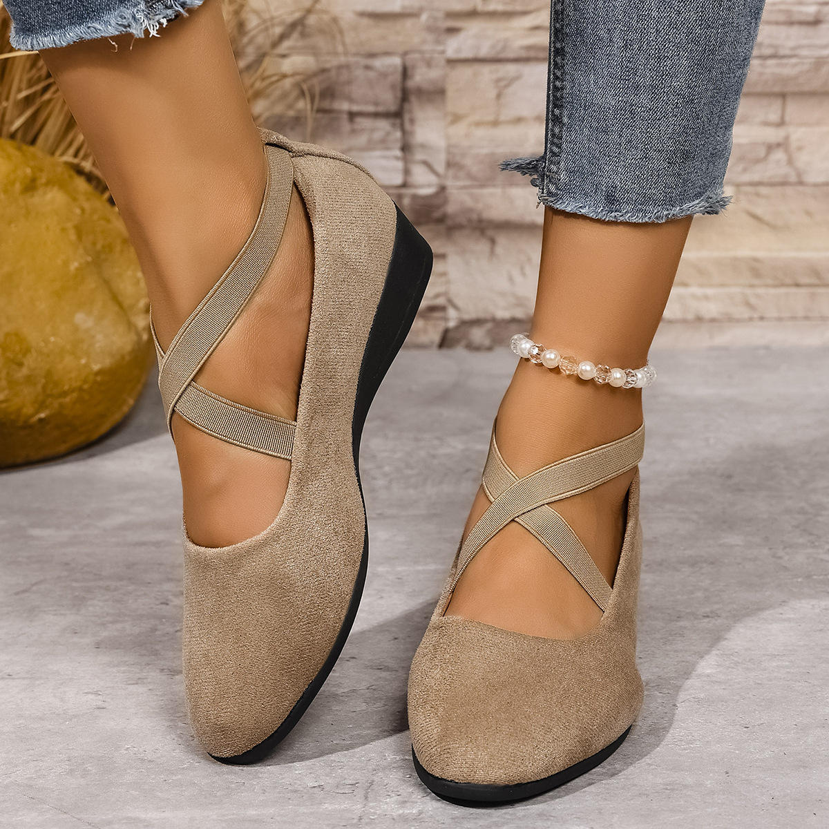 Chaussures d'automne pour femmes en daim, à talon compensé et bride élastique croisée, grandes tailles, style décontracté, bout ouvert et semelle épaisse_voghion.com