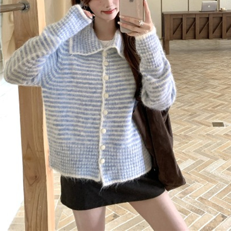 秋冬新款温柔简约风软糯条纹针织上衣女韩系翻领条纹长袖毛衣外套|undefined