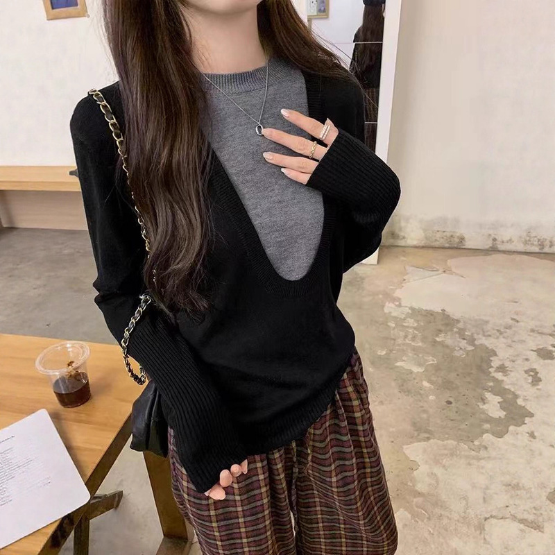 美式设计感条纹拼接假两件T恤女秋季新款显瘦百搭休闲打底衫上衣|undefined