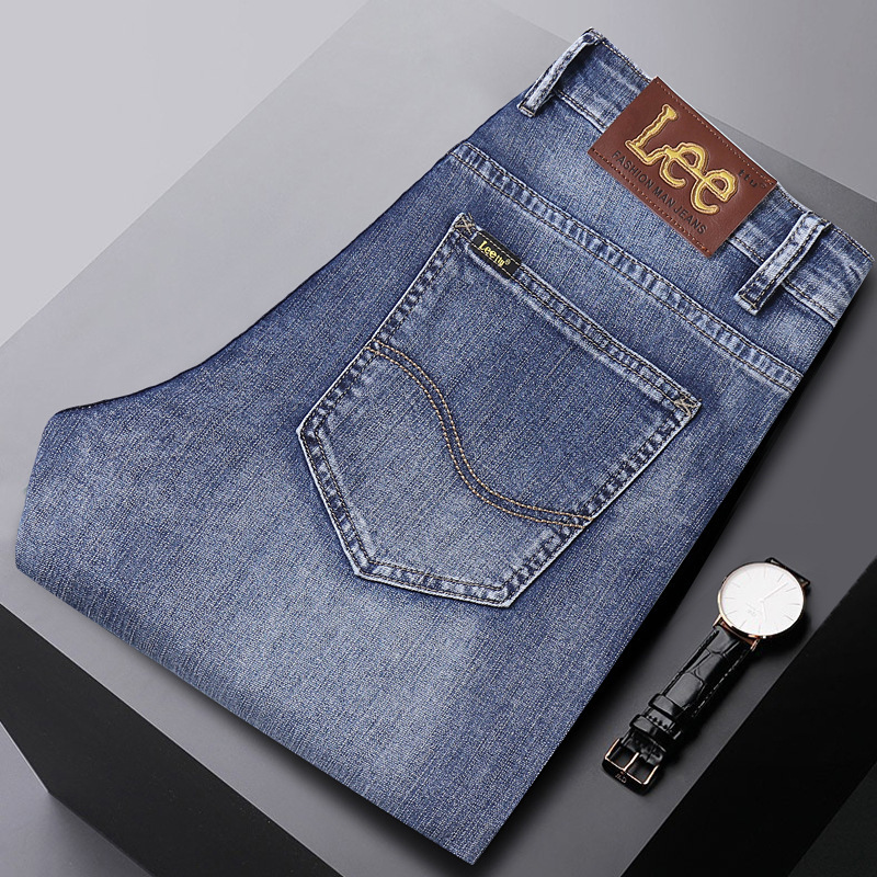 Li Le Foreign Trade Classic Blue Light Business Jeans for Men, Stretch Straight-Leg Summer Washed Cotton Trousers, Light Luxury Style