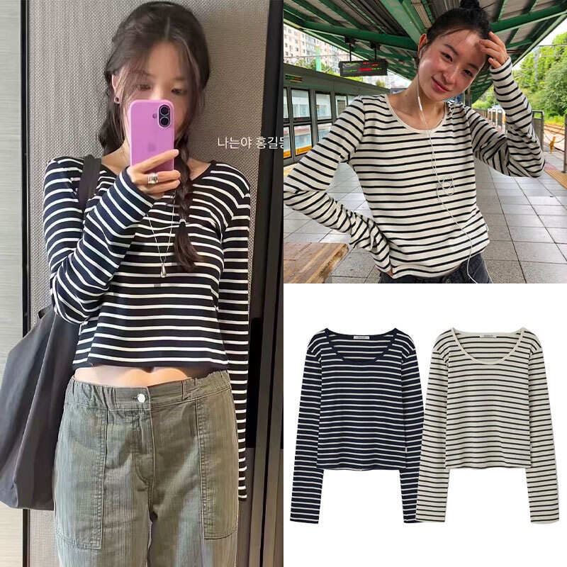 Korean-style color-block striped long-sleeve T-shirt, Dongdaemun autumn new collection, slim-fit, figure-flattering base layer top for women Korean-style color-block striped long-sleeve T-shirt, Dongdaemun autumn new collection, slim-fit, figure-flattering base layer top for women