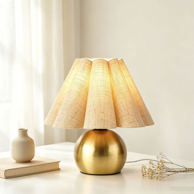 Cross-border copper-colored golden table lamp with walnut wood grain, American-style ambiance, linen petal design, ins-style pleated bedside rechargeable night light