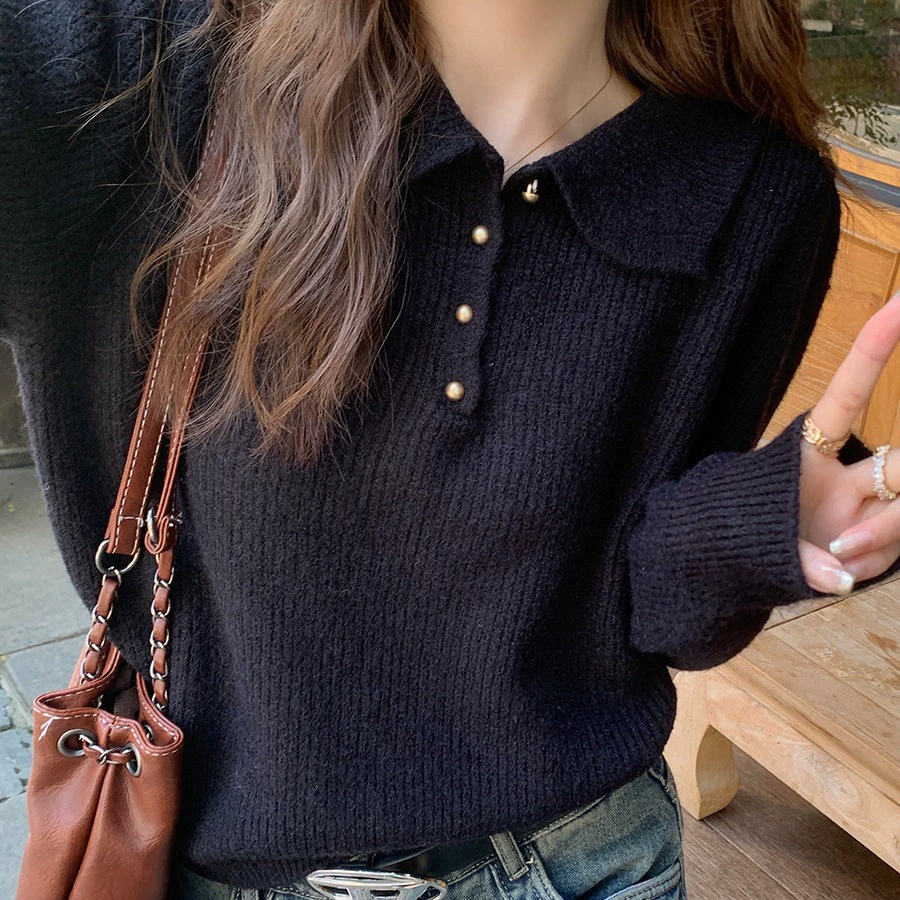 Корейский и японский экспортный вязаный свитер с воротником-поло для женщин, осень-зима 2025, новый корейский стиль, базовая рубашка с длинным рукавом, топ-свитер