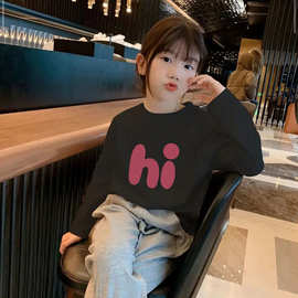 女童装白色纯棉儿童长袖T恤春秋季中大童洋气宽松休闲上衣打底衫