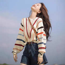 彩色条纹毛衣女秋冬新款外穿宽松慵懒风钩花镂空针织衫上衣外套潮