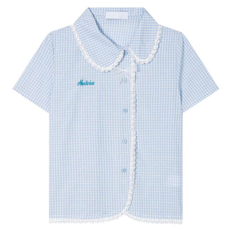 French-Style Niche Lace Trim Plaid Short-Sleeve Shirt for Women, Summer Design, Slim-Fit, Flattering Blouse French-Style Niche Lace Trim Plaid Short-Sleeve Shirt for Women, Summer Design, Slim-Fit, Flattering Blouse