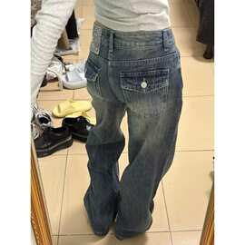 显瘦美式拖地长裤中低腰风复古裤子做旧微喇牛仔裤女潮辣妹