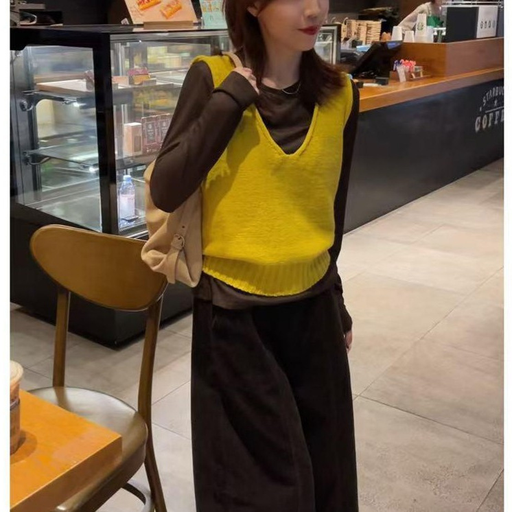 慵懒风V领针织马甲背心女秋季新款叠穿显瘦百搭减龄两件套上衣潮