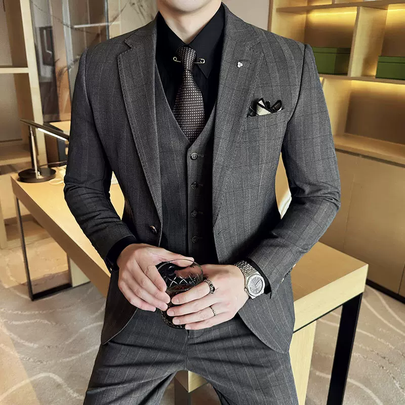 高级感条纹西服新郎结婚礼服西装三件套影楼批发团购男士礼服套装
