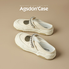 奥古狮登包头拖鞋女2025新款夏季厚底半拖休闲凉拖鞋一脚蹬帆布鞋