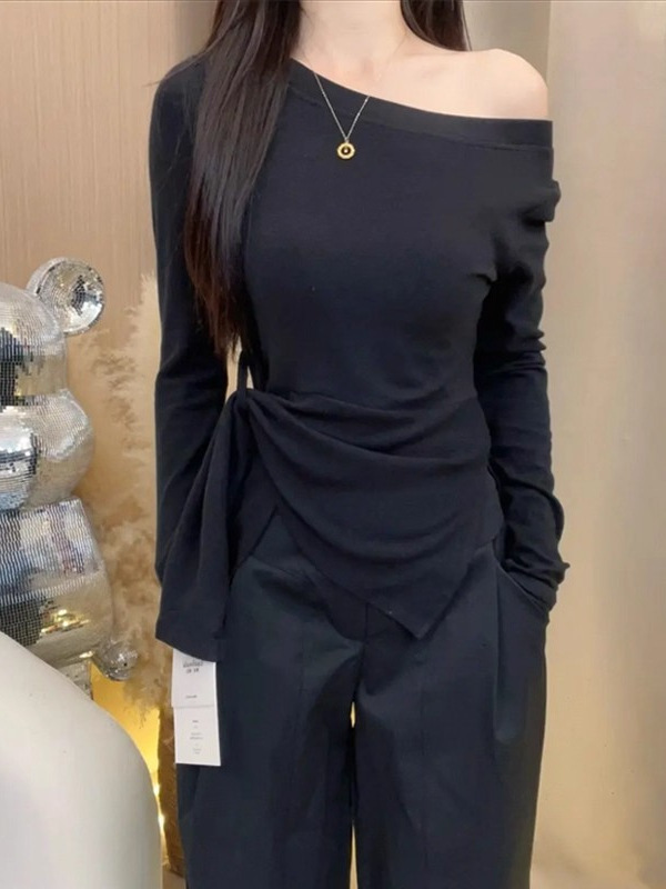 大码胖mm韩系条纹不规则开叉斜肩长袖T恤女装早秋收腰设计感上衣|undefined