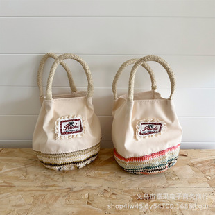 2025 Summer New Ethnic Style Color-Blocking Linen Mixed Knit Stylish Open-Style Simple Handbag