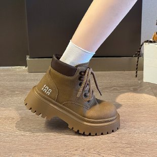 复古百搭厚底马丁靴女2025新款小个子增高休闲英伦风系带短筒靴子|undefined