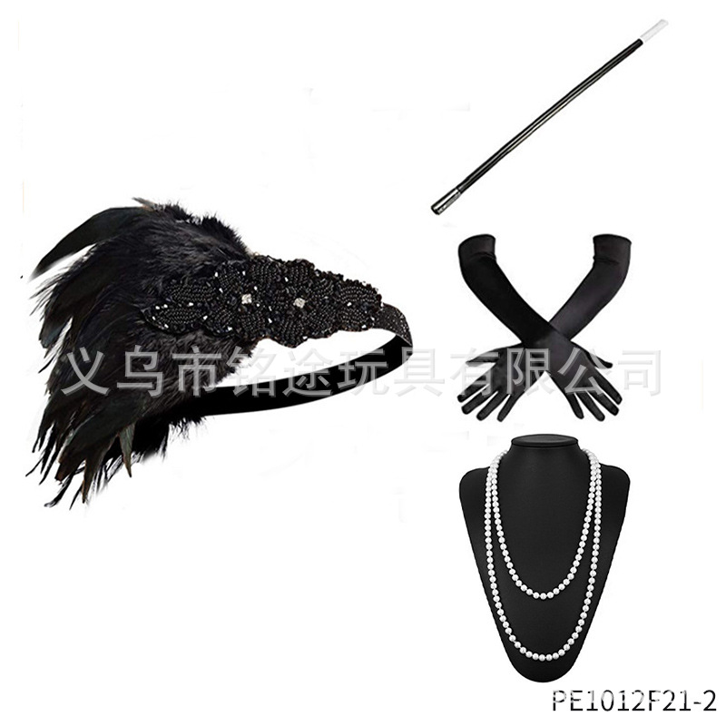 Vintage 1920s FLAPPER niña ropa diadema lana raya guantes de plástico falso tabaco varilla Gatsby traje