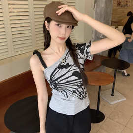 夏季新款ins性感露肩吊带短袖T恤女个性设计感修身打底时尚上衣女