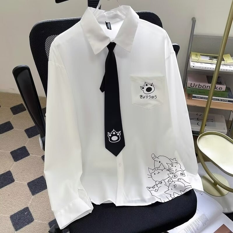 2025 New Spring & Fall Cartoon Cat Print Shirt Men's Casual Bf Style Versatile Shirt Student Dk Uniform