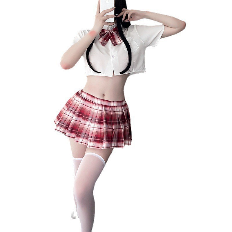 흰색 + 빨강 [쇼트 코트 + 스커트 + 속옷 + 나비 넥타이]]