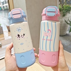 漫画のふたの両用保温カップかわいい子供の弾蓋ストローカップステンレス真空カップ学生携帯カップ