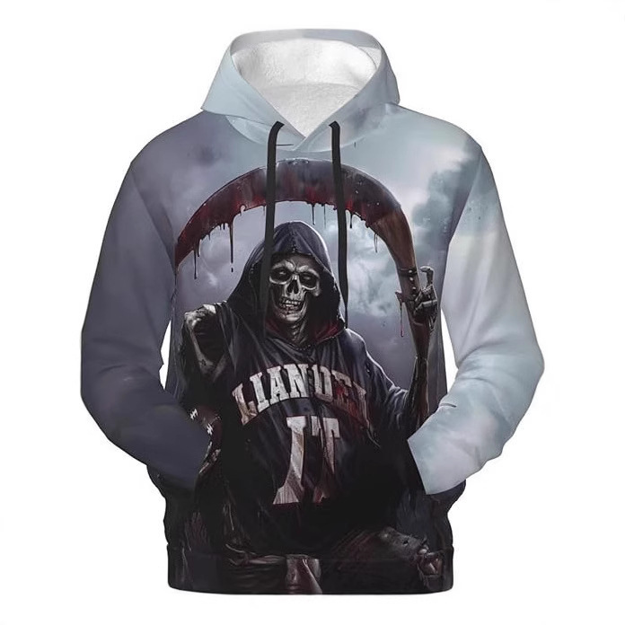 Shrimp Cross-border Mesh Hot Selling Men's Long Sleeve Hoodie 3D Digital Printing Skull Printing Fashion Loose Sweater