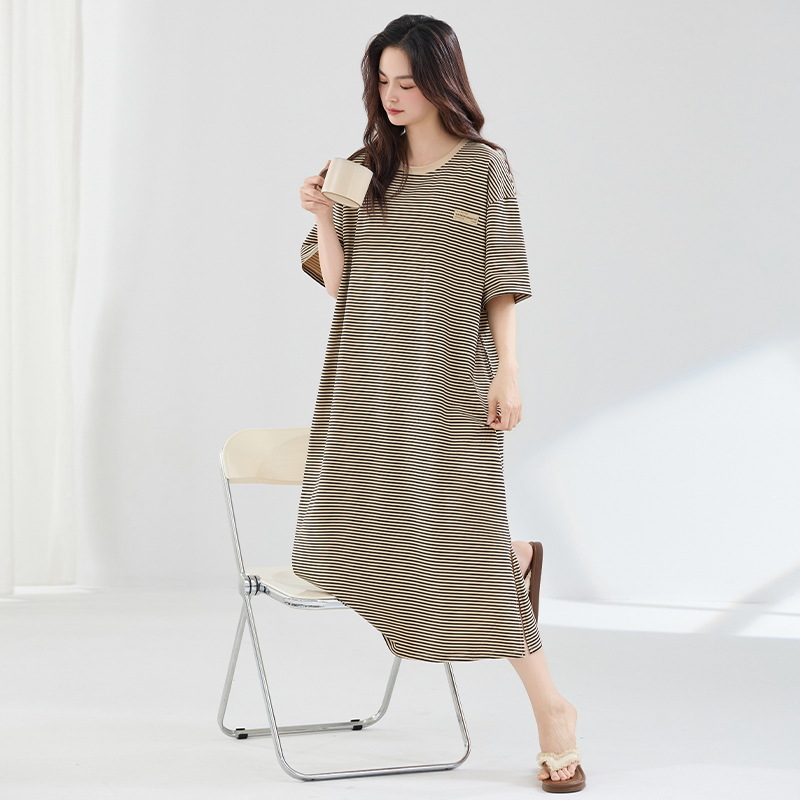 Pijama de verano de algodón de mangas cortas pijama de vestido largo bifurcado ropa de hogar suelta a rayas de gran tamaño se puede usar fuera