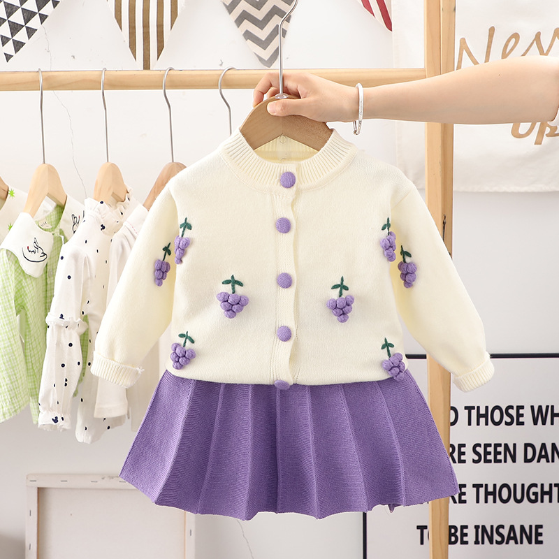 New Autumn Knitted Set Girl's Cute Hooked Flower Woolen Dress Warm cardigan pleated skirt_voghion.com