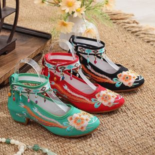 Jinxi 2025 New Square Heel Matching Cheongsam New Chinese Style Heavy Industry Gold Thing Belt All-match Ethnic Embroidered Shoes