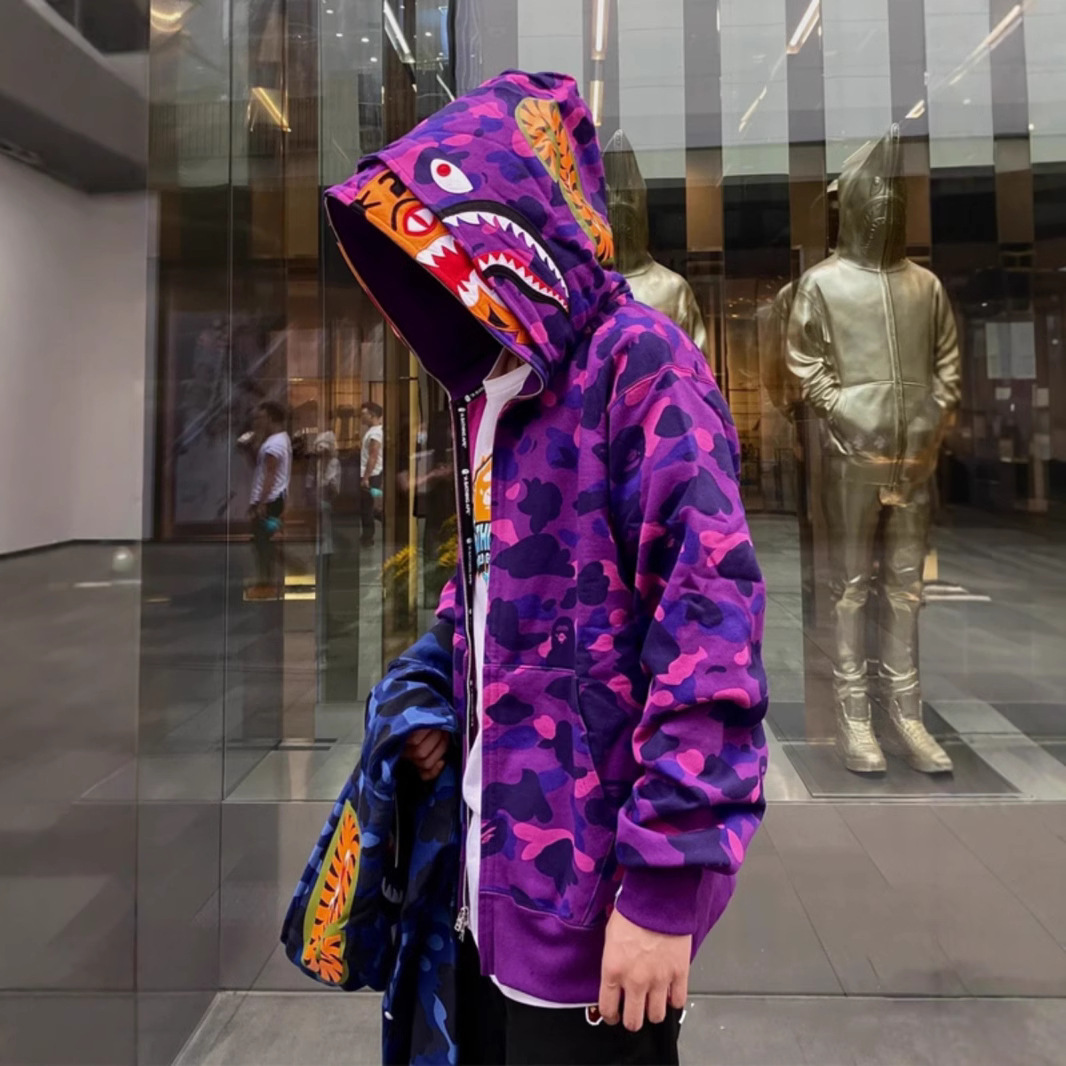 猿人APE サメと虎の頭刺繍入り迷彩柄ダブルハットスウェットシャツ メンズ ゆったりカーディガン ジップアップフード付きジャケット 夜光