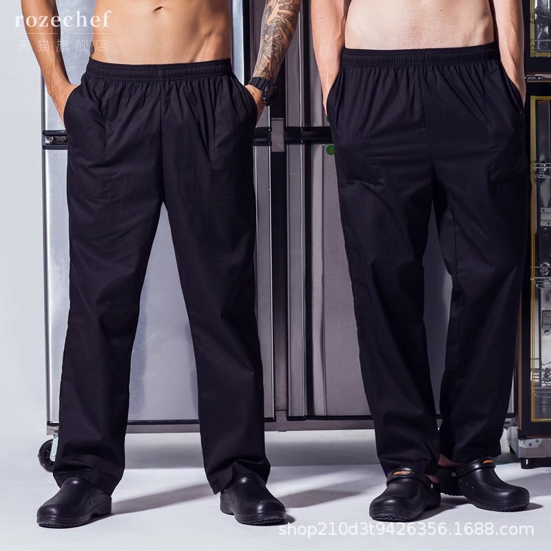 Chef Pants Black Straight-Leg Loose Breathable Work Pants for Kitchen Staff Men and Women Elastic Waist Chef Pants Black Straight-Leg Loose Breathable Work Pants for Kitchen Staff Men and Women Elastic Waist