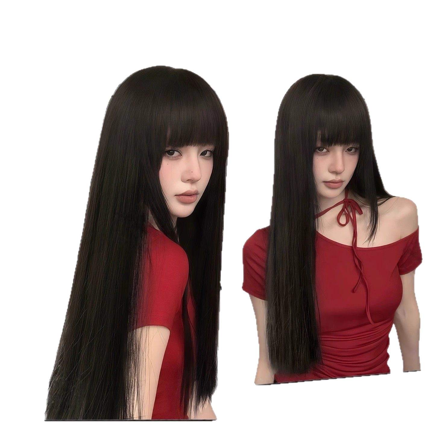 Vollkopf-Wig für Damen mit Natürlichem Schwarzem Langem Glattem Haar und Pony, Cosplay-Stil, Nahtlos und Realistisch