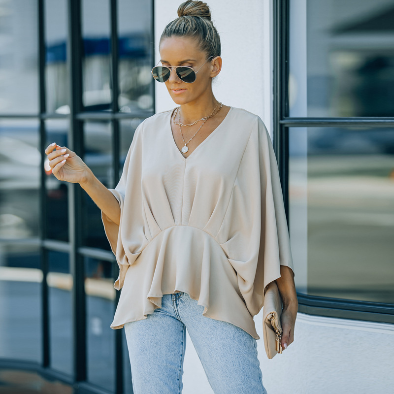 2022 الأوروبية والأمريكية الخفافيش كم بلون أعلى للنساء أمازون جديد الخصر ضيق التخسيس 34 كم البلوز قميص شيفون Womenpicture2