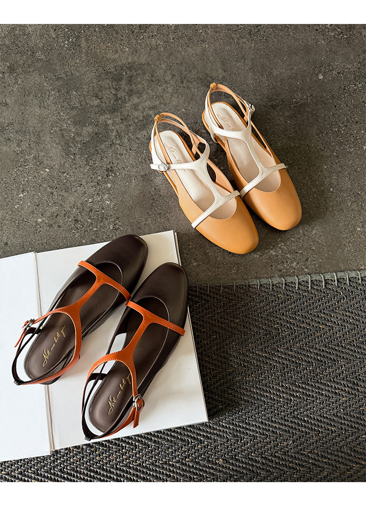 Sandal nữ quai chữ T bít mũi đế bệt da bò phối màu phong cách Hàn — màu nâu chi tiết 15
