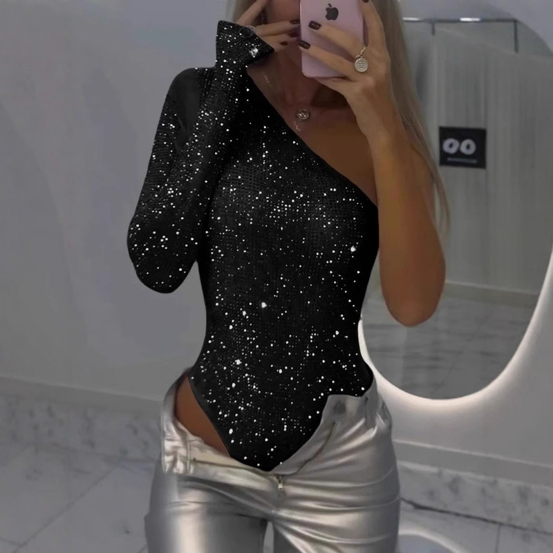 2025 Spring/Summer European and American Cross-Border Amazon Independent Station Wish Hot Girl Sexy One-Shoulder Tight Rhinestone Sequin Top 2025 Spring/Summer European and American Cross-Border Amazon Independent Station Wish Hot Girl Sexy One-Shoulder Tight Rhinestone Sequin Top
