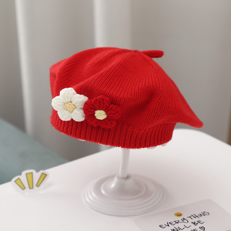 Bebé niña sombrero otoño e invierno Bebé boina de punto lindo pequeño flor de la niña del sombrero del pintor de lana de los niños sombrero de moda