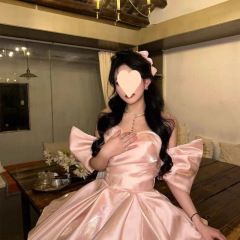 法式轻奢成人礼服设计感气质短款宴会生日派对一字肩粉色公主裙