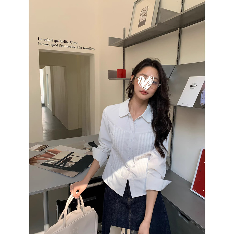Creams叙B Stylish White Collared Long-Sleeve Shirt for Women, Early Spring Slim-Fit Waist-Cinching Slimming Short Top