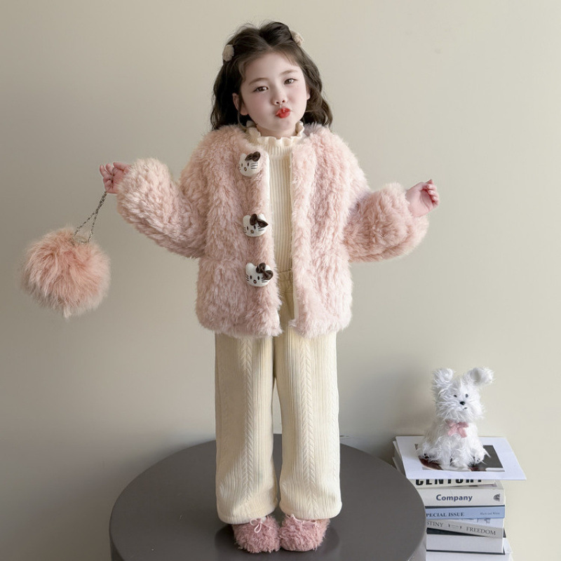 女童外套秋冬2025新款儿童洋气冬装时髦卡通玩偶加厚夹棉毛毛衣