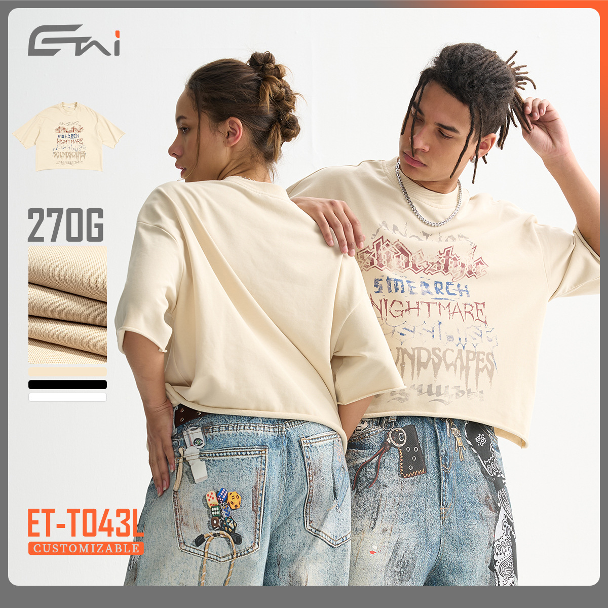 ETAI marca de moda de verano 270g pesado cuello redondo simple corta ancha camiseta de algodón mezcla casual hombre mangas cortas