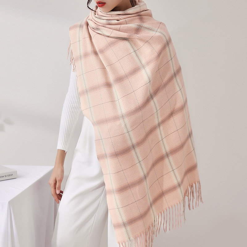 2024 Fashion Checkered Scarf New Cashmere Scarf Women's Sweet Shawl Warm Woven Tassel Autumn And Winter Scarf_voghion.com