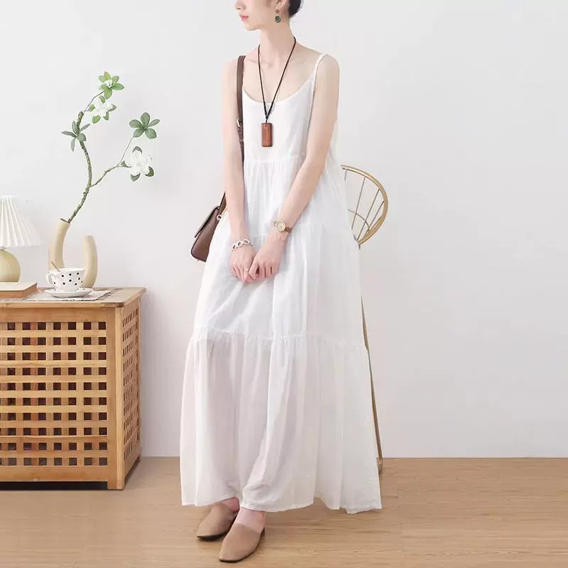 Оригинальное женское платье из хлопка и льна для внешней торговли, платье на тонких бретельках, новый летний стиль, художественное однотонное платье средней длины, расклешенное платье.
