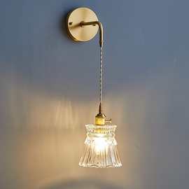 日式复古黄铜玻璃壁灯现代北欧床头壁灯简约卫生间浴室镜镜前灯