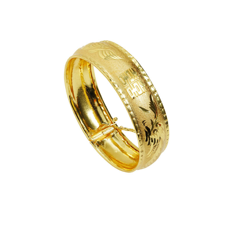 Boda imitación oro palabra feliz textura dragón fénix hebilla de cara ancha método antiguo arena pulsera de oro mujer durante mucho tiempo no se desvanece fabricante de joyas