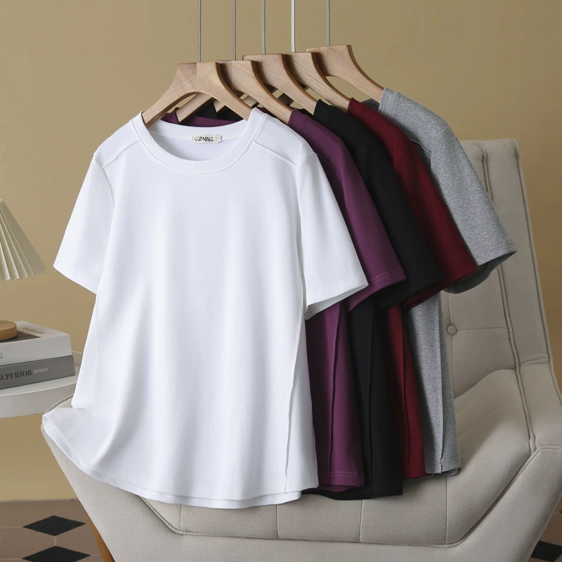 2025 Летняя минималистская футболка с короткими рукавами большого размера женская складка с круглым вырезом