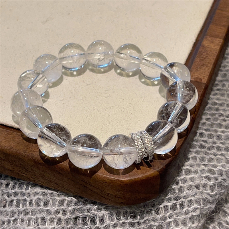 天然白水晶12厘珠小蛮腰锆石手链时尚气质串珠手串粉晶首饰品