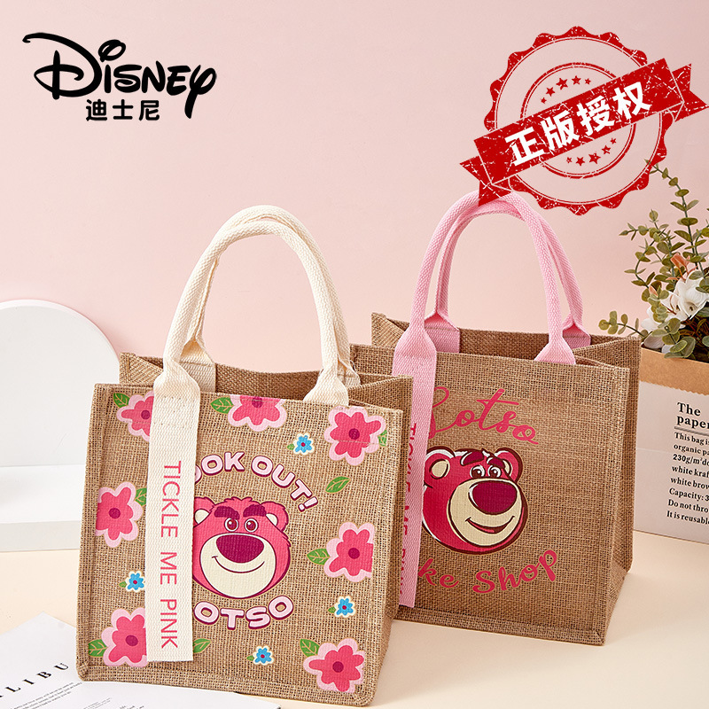 Disney Strawberry Bear Tote Bag Linen Bag Girls Storage Bag Cartoon Student Shopping Trendy Bag