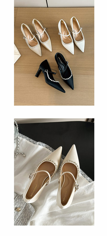 Giày cao gót Mary Jane quai ngang đính đá lụa satin, gót vuông 6–8 cm, mũi nhọn — Màu trắng ngà, Vàng nhạt, màu đen chi tiết 11