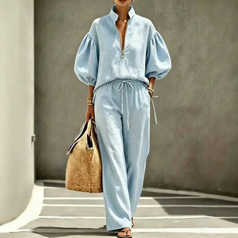 2026 Summer New European and American Cross-Border Women's Fashion Casual Loose Solid Color Half-Zip Lantern Sleeve Women's Suit 2026 Summer New European and American Cross-Border Women's Fashion Casual Loose Solid Color Half-Zip Lantern Sleeve Women's Suit