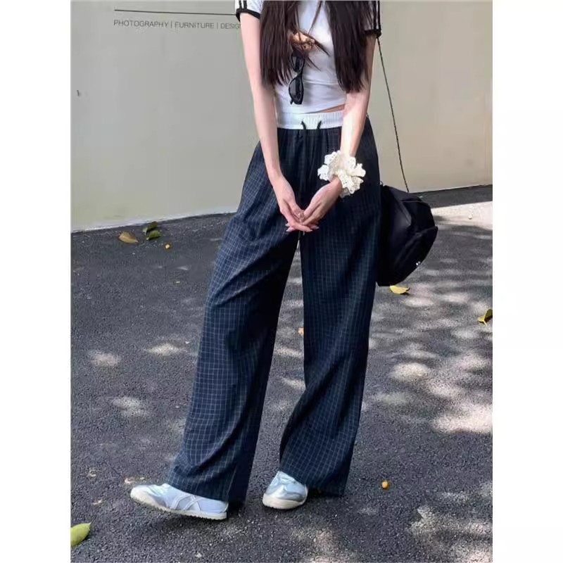 甜美格子撞色腰围宽松阔腿裤休闲裤女夏季松紧腰直筒遛弯裤长裤女|undefined