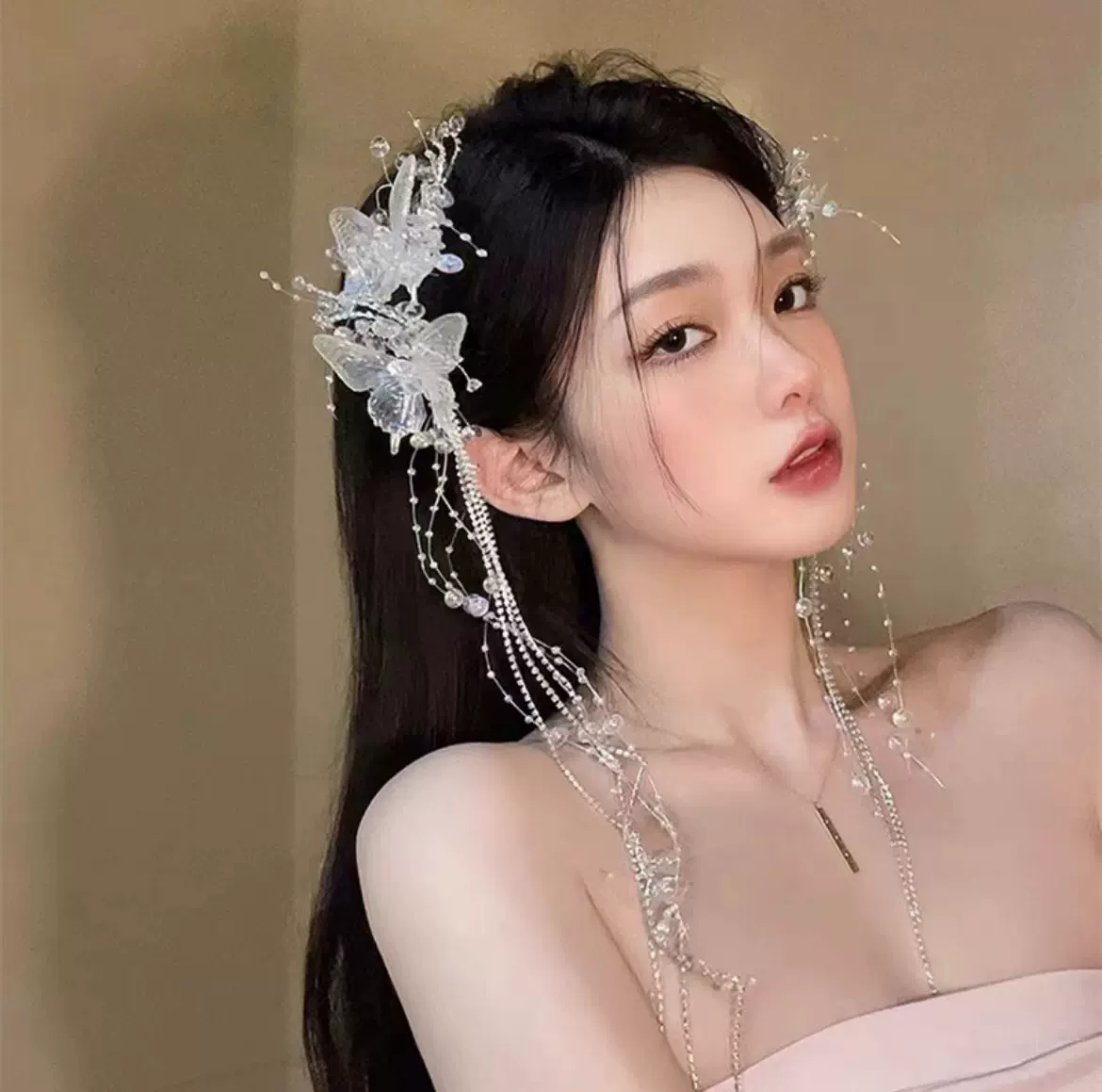 夏季田园风蝴蝶串珠流苏发夹女可爱气质水晶碎发侧边夹鸭嘴夹发饰