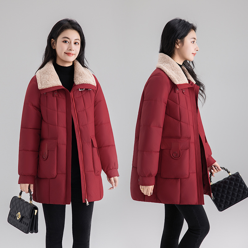 2025 invierno nuevo cuello suelto de costura media larga gran bolsillo delgado estilo coreano chaqueta de algodón de alta calidad